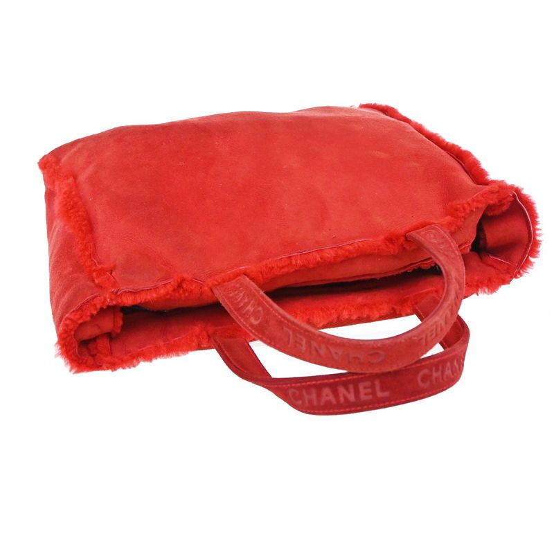 Chanel Handbag Fur Bag Leather Red 86ka838