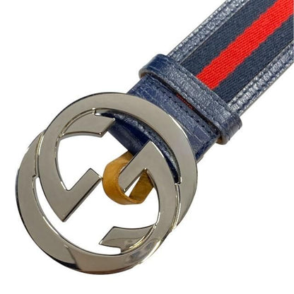 Gucci 114984 Belt Accessories Small Interlocking G Stripe Leather Canvas Navy