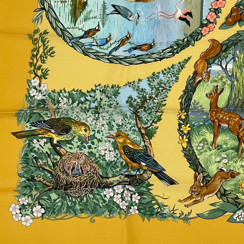 Hermes Carre 90 LES Quatre Saisons Four Seasons Brown Animal Flower Scarf Silk