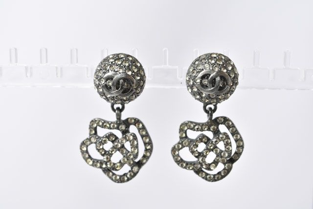 Chanel Earrings Camellia Motif With Coco Mark Rhinestones In Chrome Silver