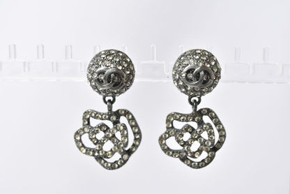 Chanel Earrings Camellia Motif With Coco Mark Rhinestones In Chrome Silver