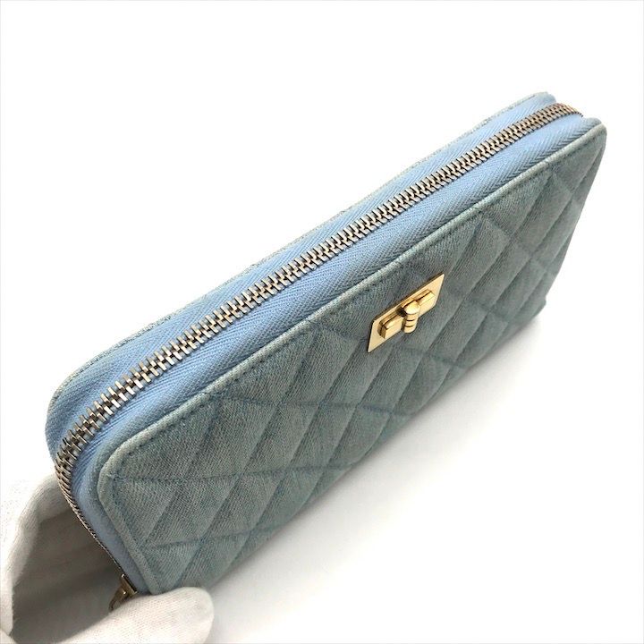 Chanel CC Logo Quilted Denim Zip Around Wallet Blue