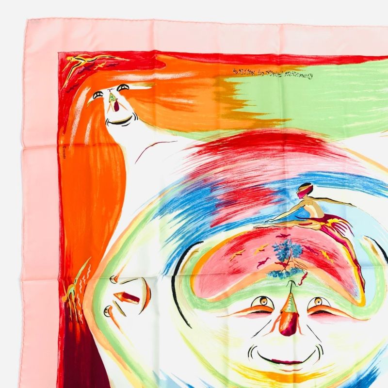 Hermes Carre 90 Smiles In Third Millenary Pink X Multicolor Scarf 100% Silk