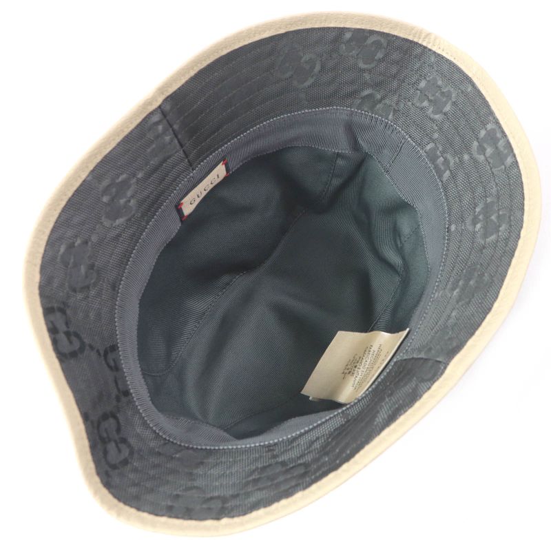 Gucci 627115 Off The Grid GG Logo Leather Piping Bucket Hat Gray S/57cm