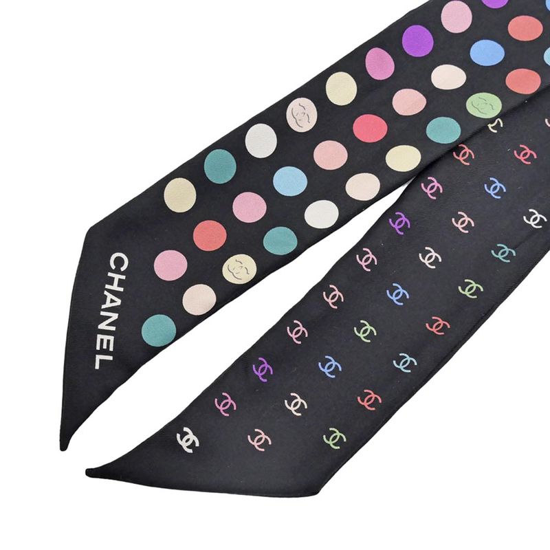 Chanel Headband Twill Black Multicolor Dot Coco Mark Silk Scarf