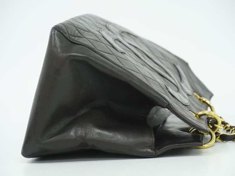 Authentic Chanel Matelasse Coco Mark Chain Tote Handbag Lambskin Leather Black