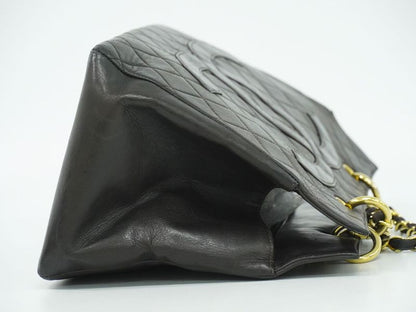 Authentic Chanel Matelasse Coco Mark Chain Tote Handbag Lambskin Leather Black