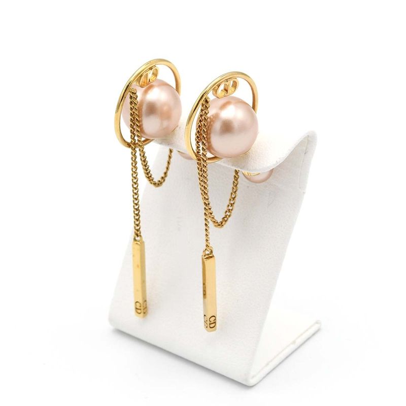 Christian DIOR Tribal Earrings Resin Pearl CD Logo Chain Pink GP 7.3g Box With