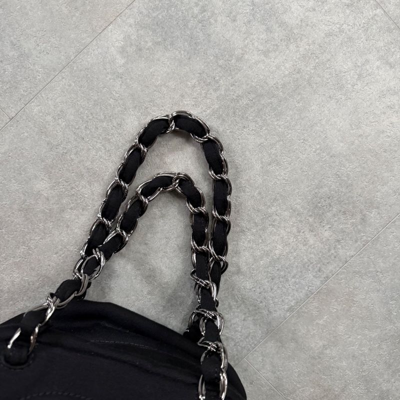 Chanel Chain Shoulder Bag Coco Mark Cotton Jersey Black Silver Hardware Deca