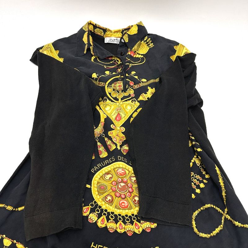 Hermes Long-sleeved Shirt Vintage Twillraine Silk Black And Gold