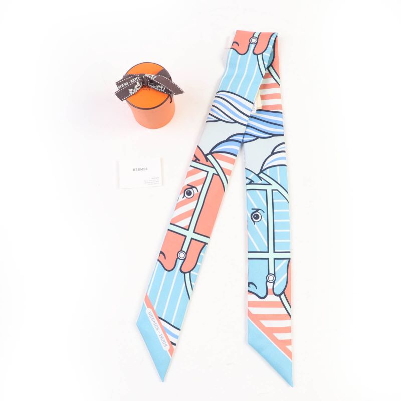 Hermes Twilly Cadrige Bayadere 100% Silk Aqua/vu Rose/blue Jean Scarf With Box