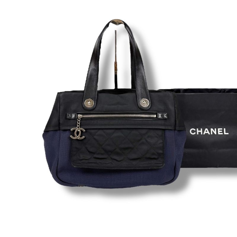 Chanel Paris Biarritz Mini Tote Shoulder Bag Navy Blue Black Bicolor Shoulder