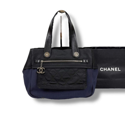 Chanel Paris Biarritz Mini Tote Shoulder Bag Navy Blue Black Bicolor Shoulder