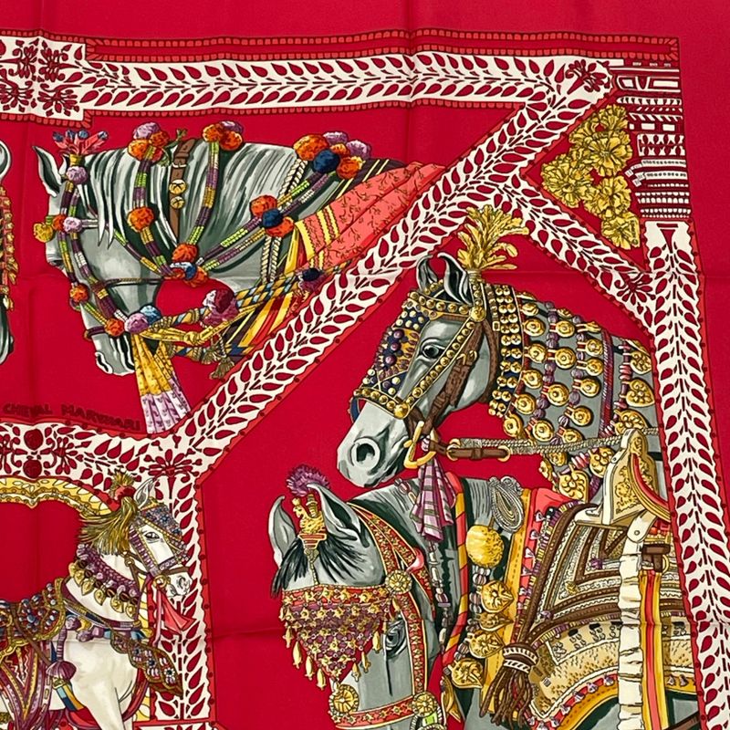 Hermes Scarf Carre 90 LA Danse DU Cheval Marwari Dancing Horses Silk Red