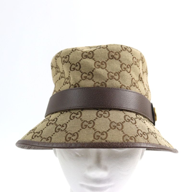 Gucci 576587 GG Canvas Fedora Hat GG Marmont Leather Trim Bucket Hat Beige