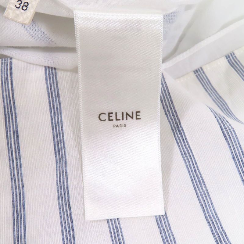 Celine 2r658077i Linen Blend Mini Prairie Stripe Ruffle Dress Shirt Dress White