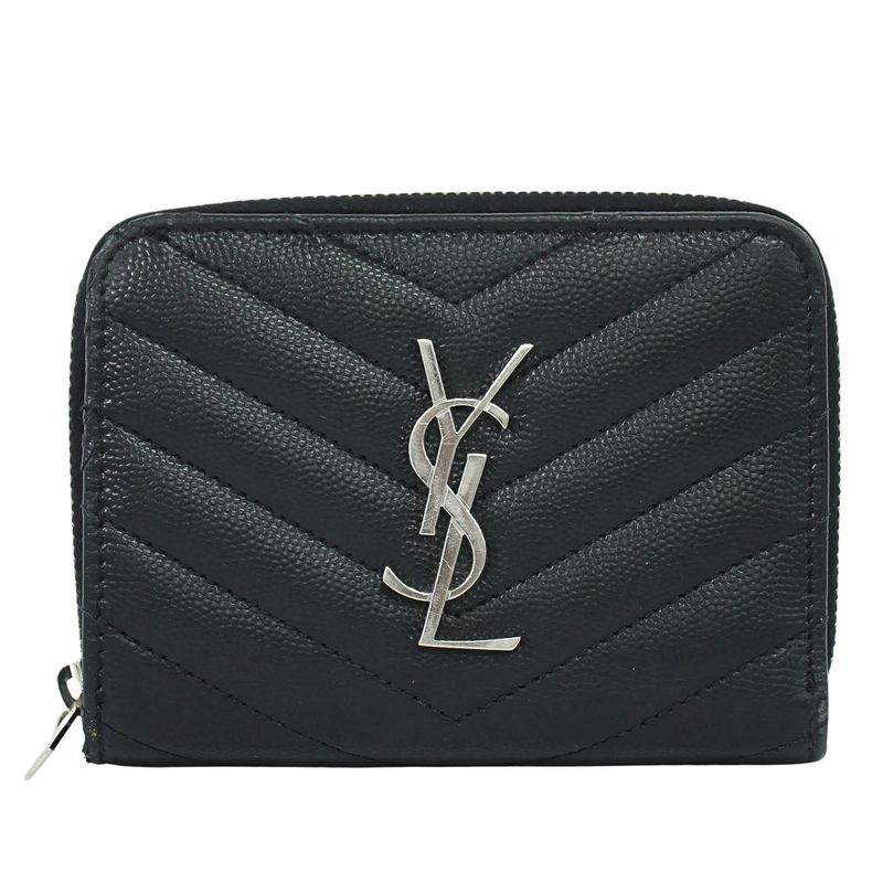 Authentic Saint Laurent YSL Logo Round Zipper Fold Wallet Compact Wallet