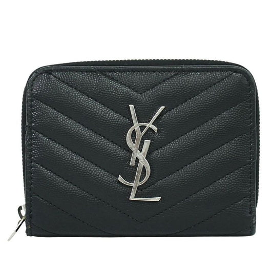 Authentic Saint Laurent YSL Logo Round Zipper Fold Wallet Compact Wallet