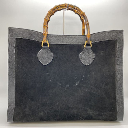 Gucci 002 853 Tote Bag Bamboo Suede Leather Black Ladies Men Vintage