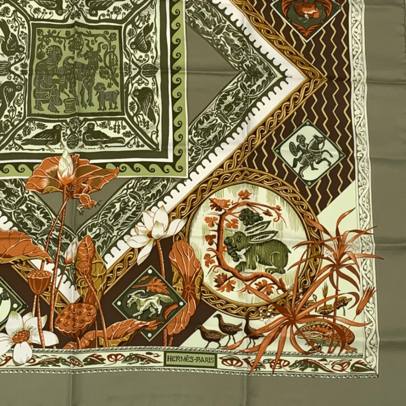 Hermes Carre 90 Silk Scarf LE Jardin DES Coptes Coptic Garden Green