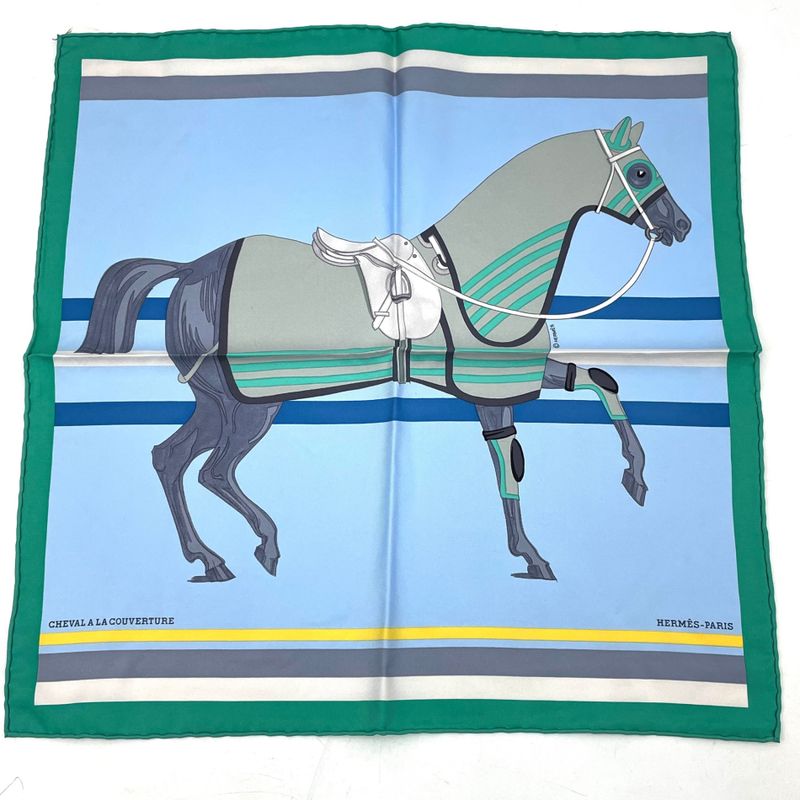 Hermes Scarf With Horsehair Cheval A La Couverture Silk Blue