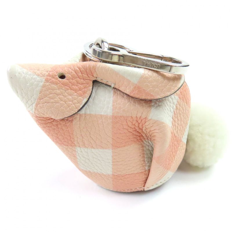 LOEWE Gingham Check Rabbit Charm Leather Coin Case Pink White Silver Hardware