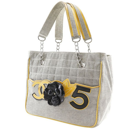 Chanel Camellia NO5 Chocolate Bar Chain Tote Canvas Gray/yellow Ladies Tote Bag