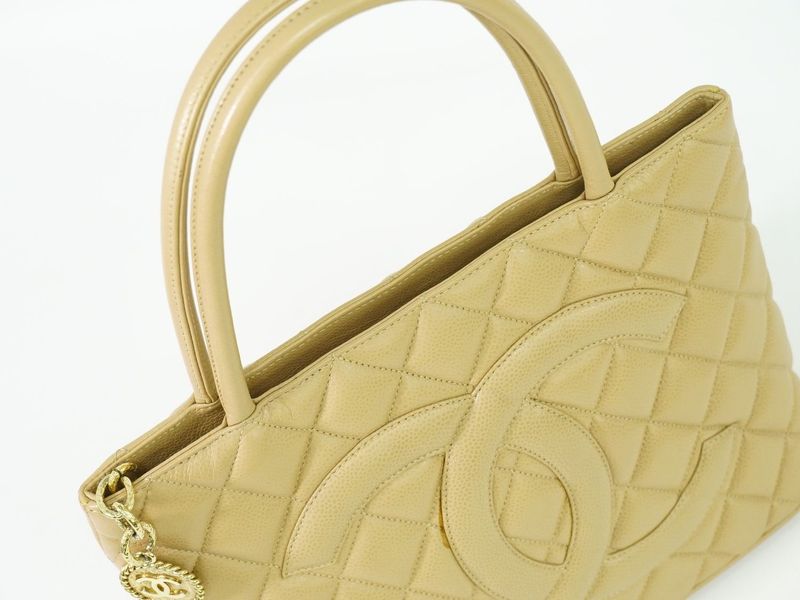 Authentic Chanel Coco Mark Revival Tote Handbag Caviar Skin Leather Beige Coco
