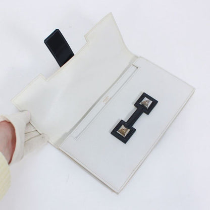 Hermes Medor Box Calf Black And White Clutch Bag Silver