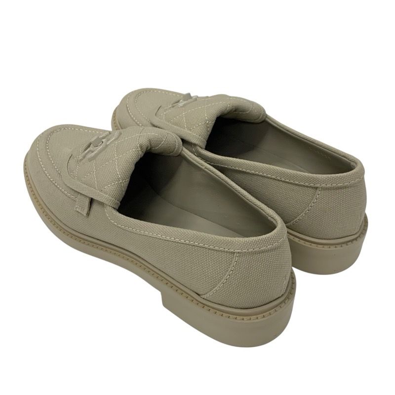 Chanel Loafers Leather Shoes Fabric Beige Here Mark Turn Lock Flat Shoes