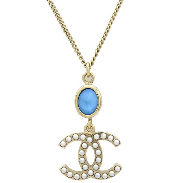 Chanel Necklace Coco Mark Swing Necklace GP Faux Pearl Colored Stone Blue X