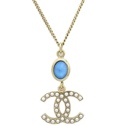 Chanel Necklace Coco Mark Swing Necklace GP Faux Pearl Colored Stone Blue X