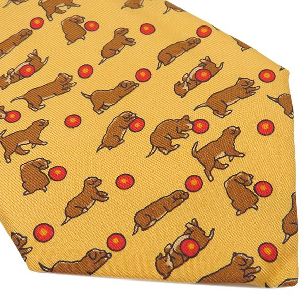 Hermes Necktie 9cm (3.54in) Silk Yellow Dog Ball All Over Animal Pattern [box