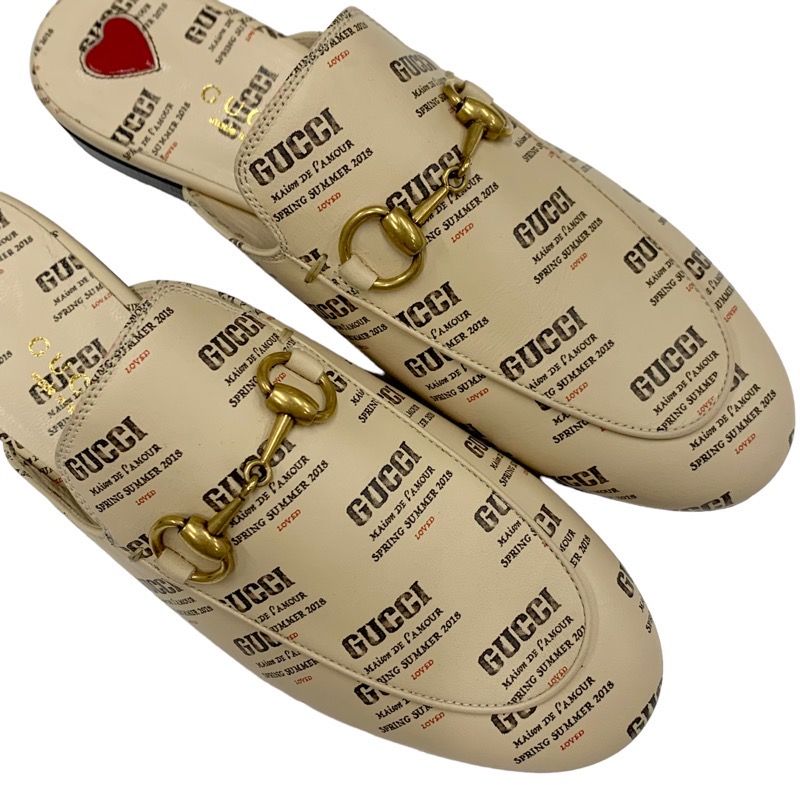 Gucci Prince Town Flat Shoes Leather Beige Red Gold Unused Mule Slipper Sandals
