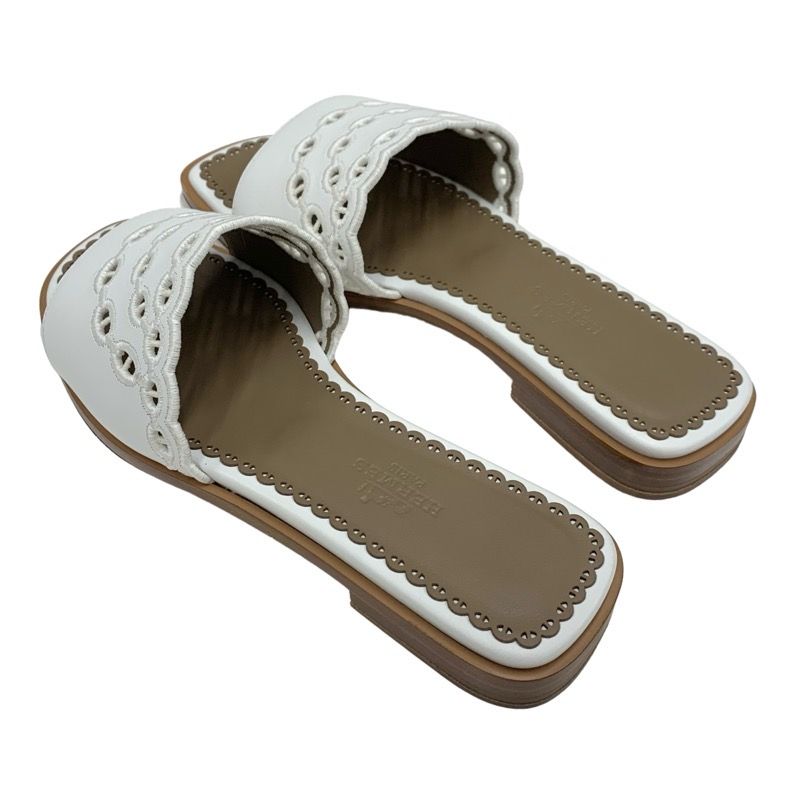 Hermes Frog Sandals Shoes Leather White Flat Sandals Mules Chaine D'ancre