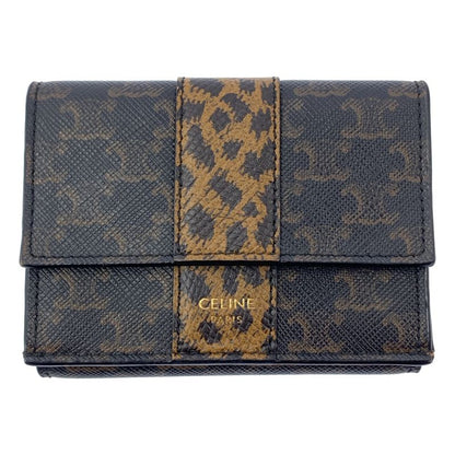 Celine - Leather Triomphe Leopard Compact Wallet - Dark Brown - Women's