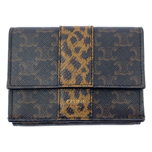 Celine - Leather Triomphe Leopard Compact Wallet - Dark Brown - Women's