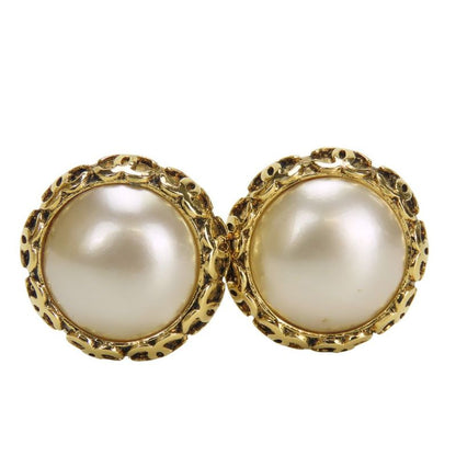 Chanel Earring Coco Mark Metal Faux Pearl Gold Plated Accessories 94P Ladies