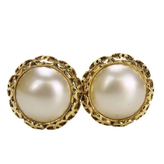 Chanel Earring Coco Mark Metal Faux Pearl Gold Plated Accessories 94P Ladies