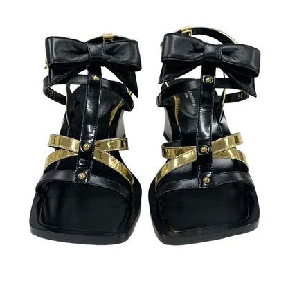 Louis Vuitton Peplum Line Monogram Sandals Shoes Patent Leather Black Gold