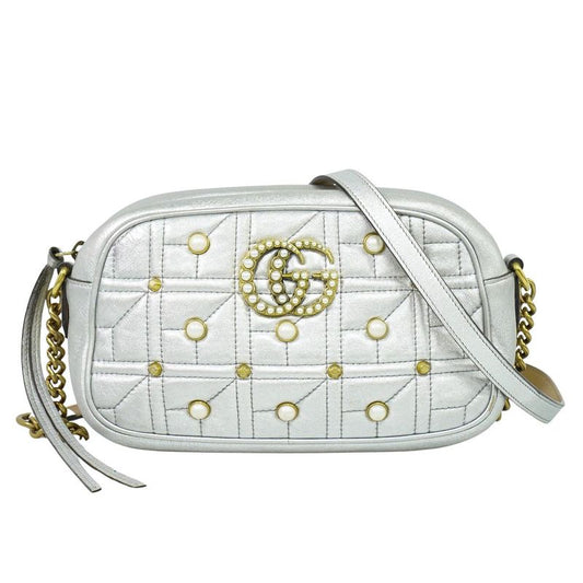 Authentic Gucci GG Marmont Faux Pearl Small Shoulder Bag Pochette Leather