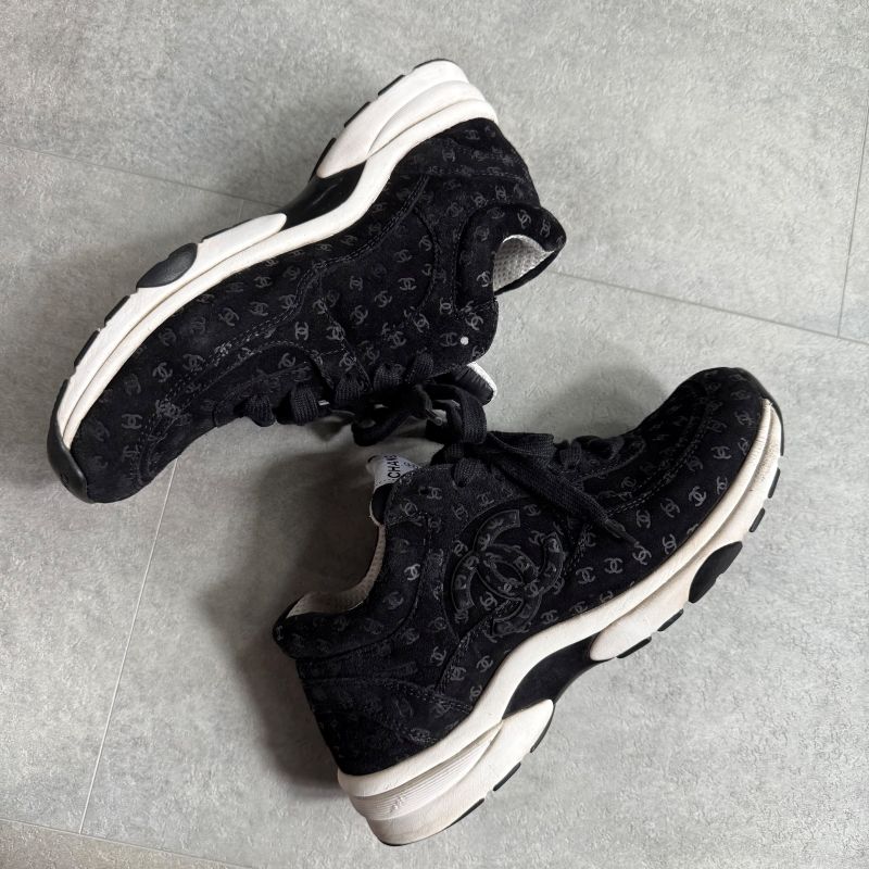 Chanel Coco Mark Sneakers Suede Mesh Logo Black White 38 25cm (9.84in)