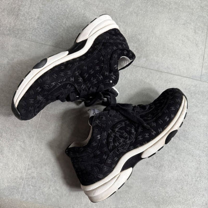 Chanel Coco Mark Sneakers Suede Mesh Logo Black White 38 25cm (9.84in)