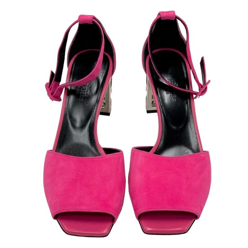 Hermes Sandals Shoes Suede Pink Silver Unused Metal Heel Ankle Strap