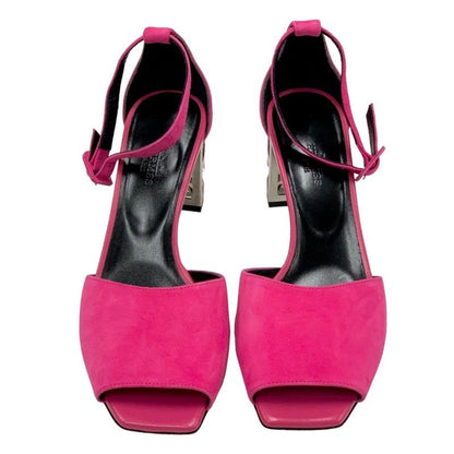 Hermes Sandals Shoes Suede Pink Silver Unused Metal Heel Ankle Strap
