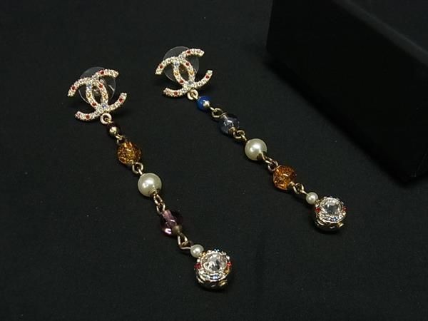 Chanel Coco Mark A20C Rhinestone Pearl Earrings Accessory Gold Tone