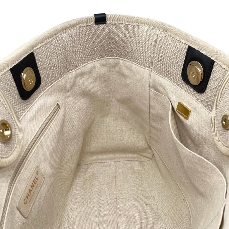 Chanel Tote Bag Deauville MM A67001 Canvas Chain Logo Beige Black Gold Hardware