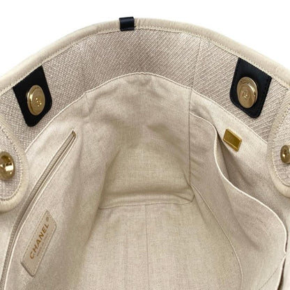 Chanel Tote Bag Deauville MM A67001 Canvas Chain Logo Beige Black Gold Hardware