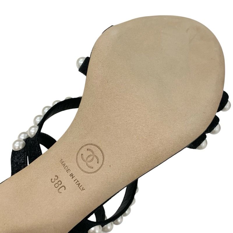 Chanel Sandals Shoes Leather Black White Coco Mark Pearl Matelasse Strap