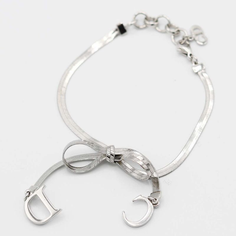 Christian DIOR Bracelet Ribbon CD Logo Silver Color Accessories Women M1688